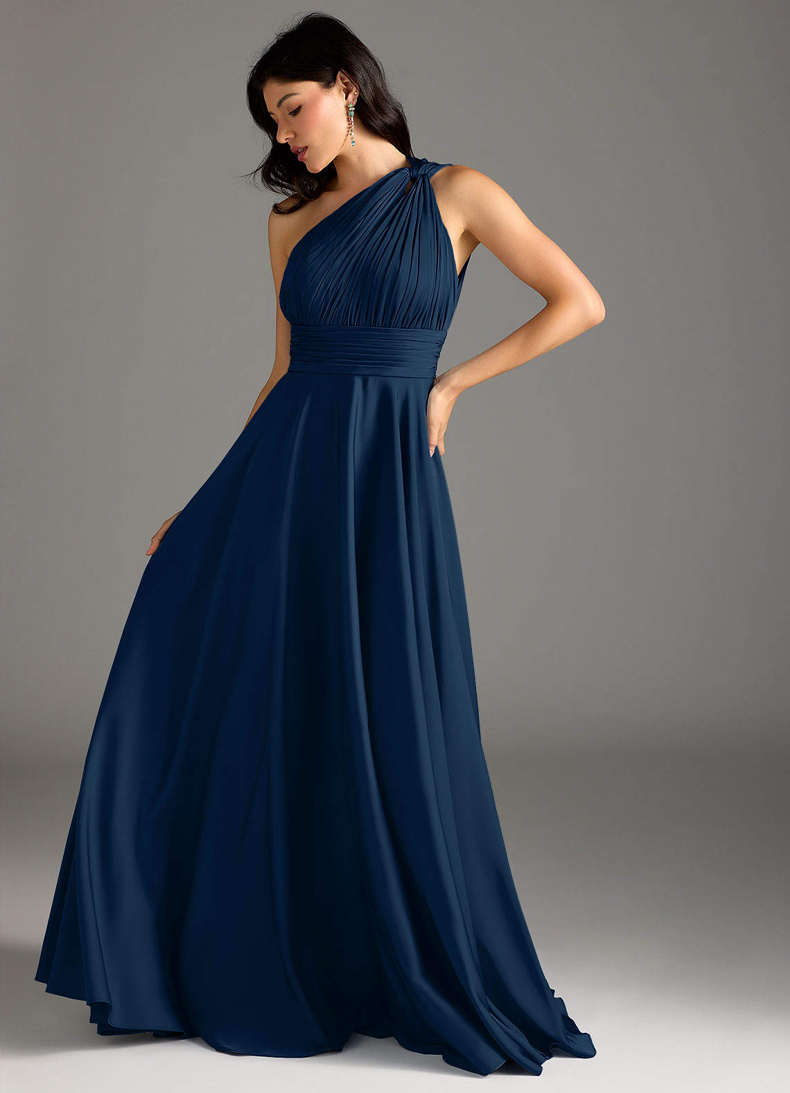 Azazie Charlize Bridesmaid Dresses Dark Navy A-Line One Shoulder Stretch Satin Dress image4