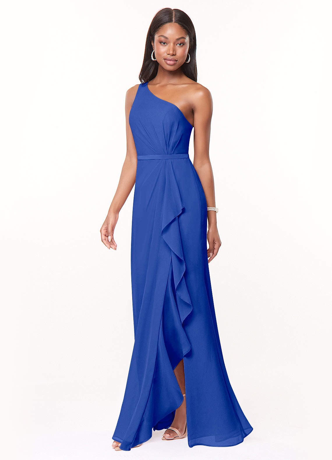 royal blue chiffon one shoulder dress Azazie Liza