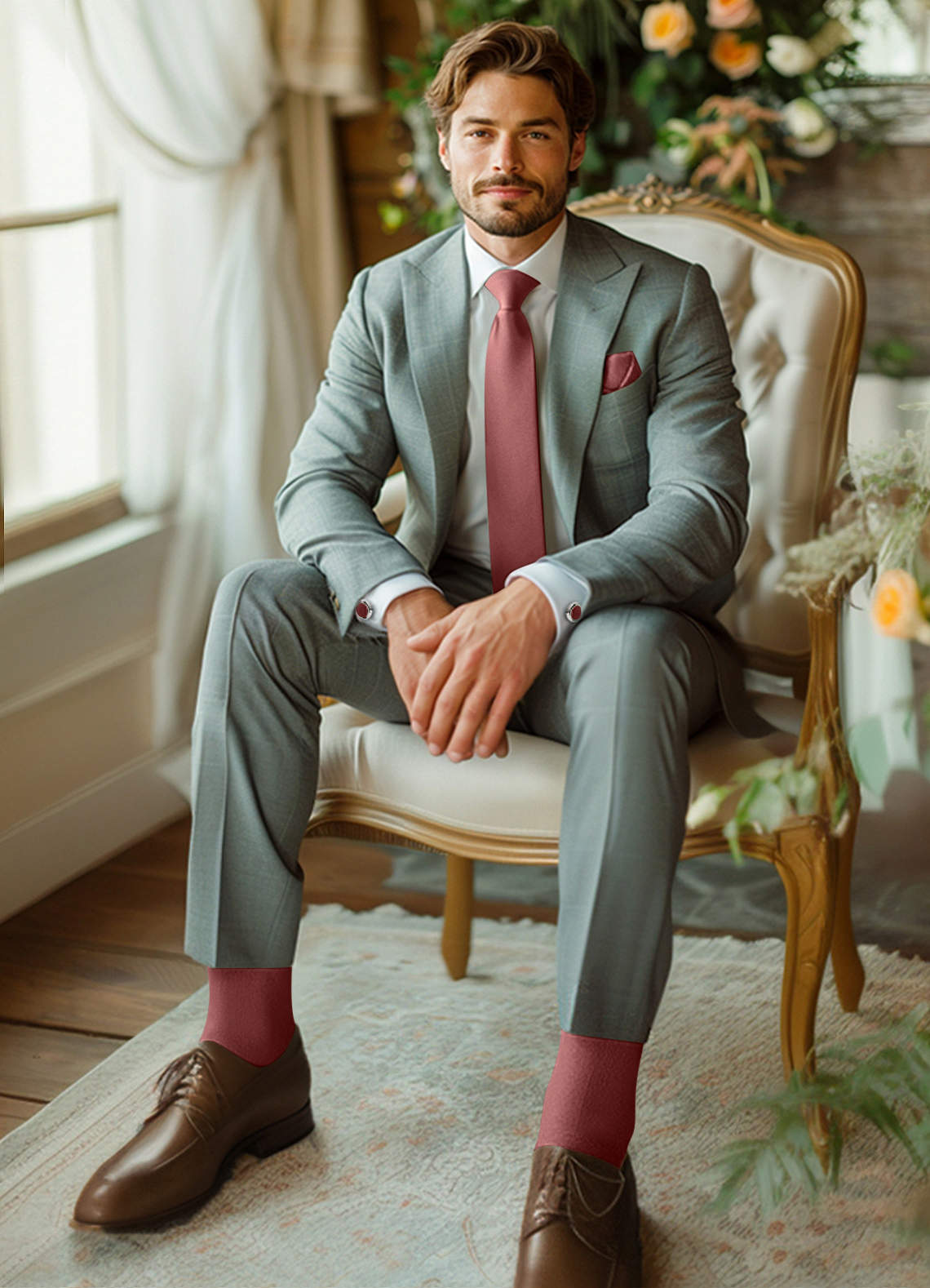 front Matching Skinny Tie & Pocket Square & Cuff Links & Socks Set