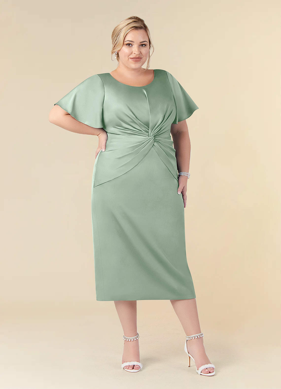 Azazie Everlyn Final Sale Dusty Blue Sheath Pleated Stretch Satin Dress image1