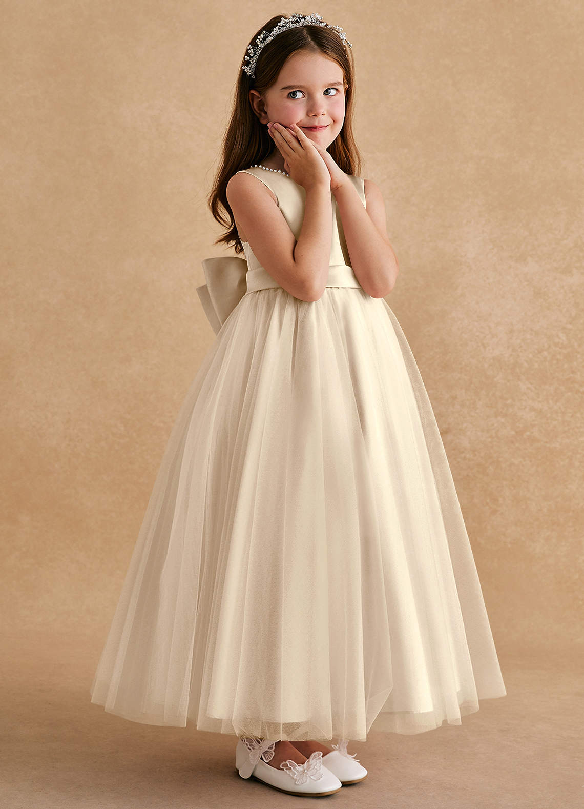 Azazie Cookie Flower Girl Dresses Champagne A-Line Bow Tulle Dress image2