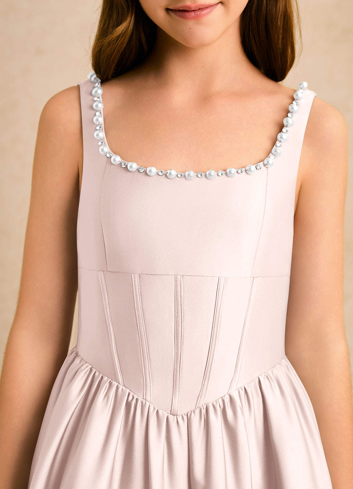 Azazie Enid Girls Formal Flower Girl Dresses Blushing Pink A-Line Beaded Stretch Satin Dress image5