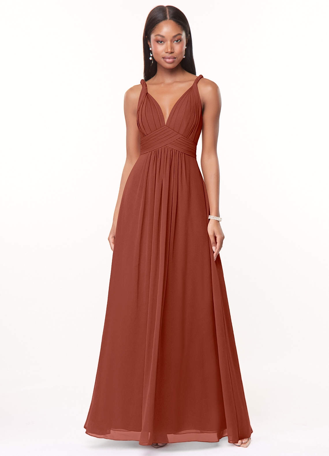Azazie Maren Brautjungfernkleider A-Linie Plissee Chiffon Kleid Rotbraun image1