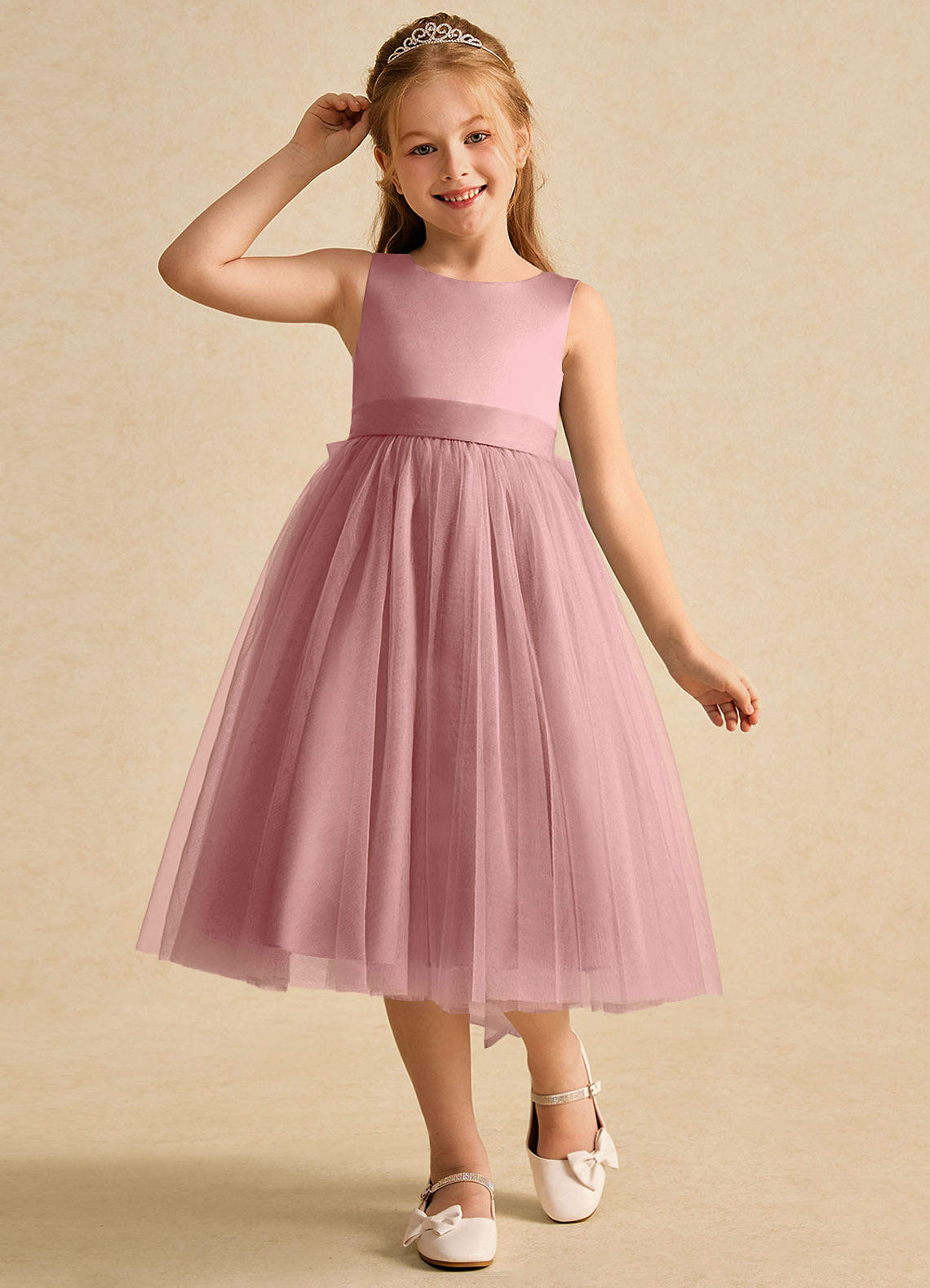 Azazie Winnie Flower Girl Dresses Dusty Rose Ball-Gown Bow Tulle Dress image3