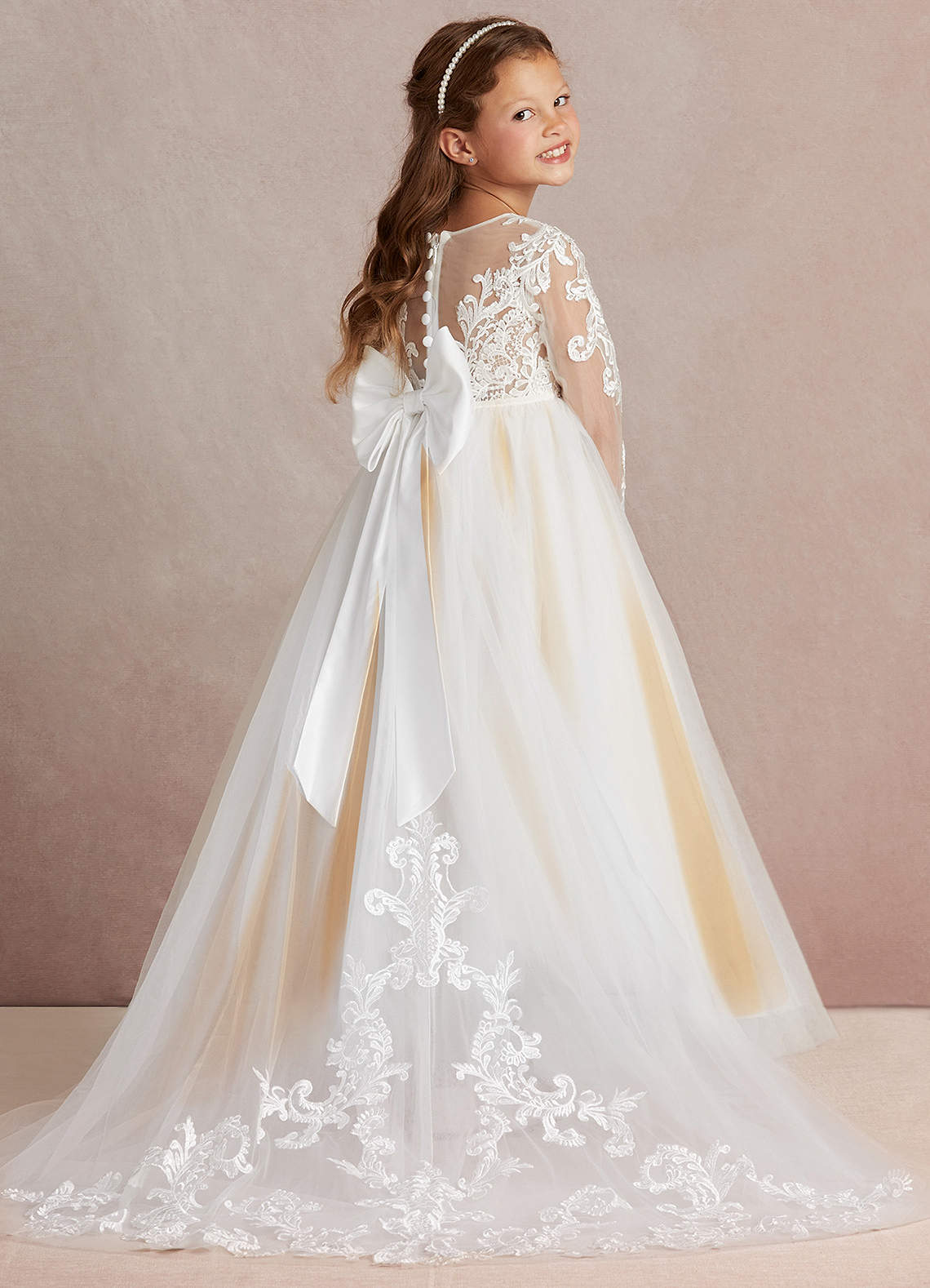 Azazie Elodie Robe Demoiselle D'honneur Fillette Robe Princesse en Dentelle Ivoire Caramel Au Beurre image1