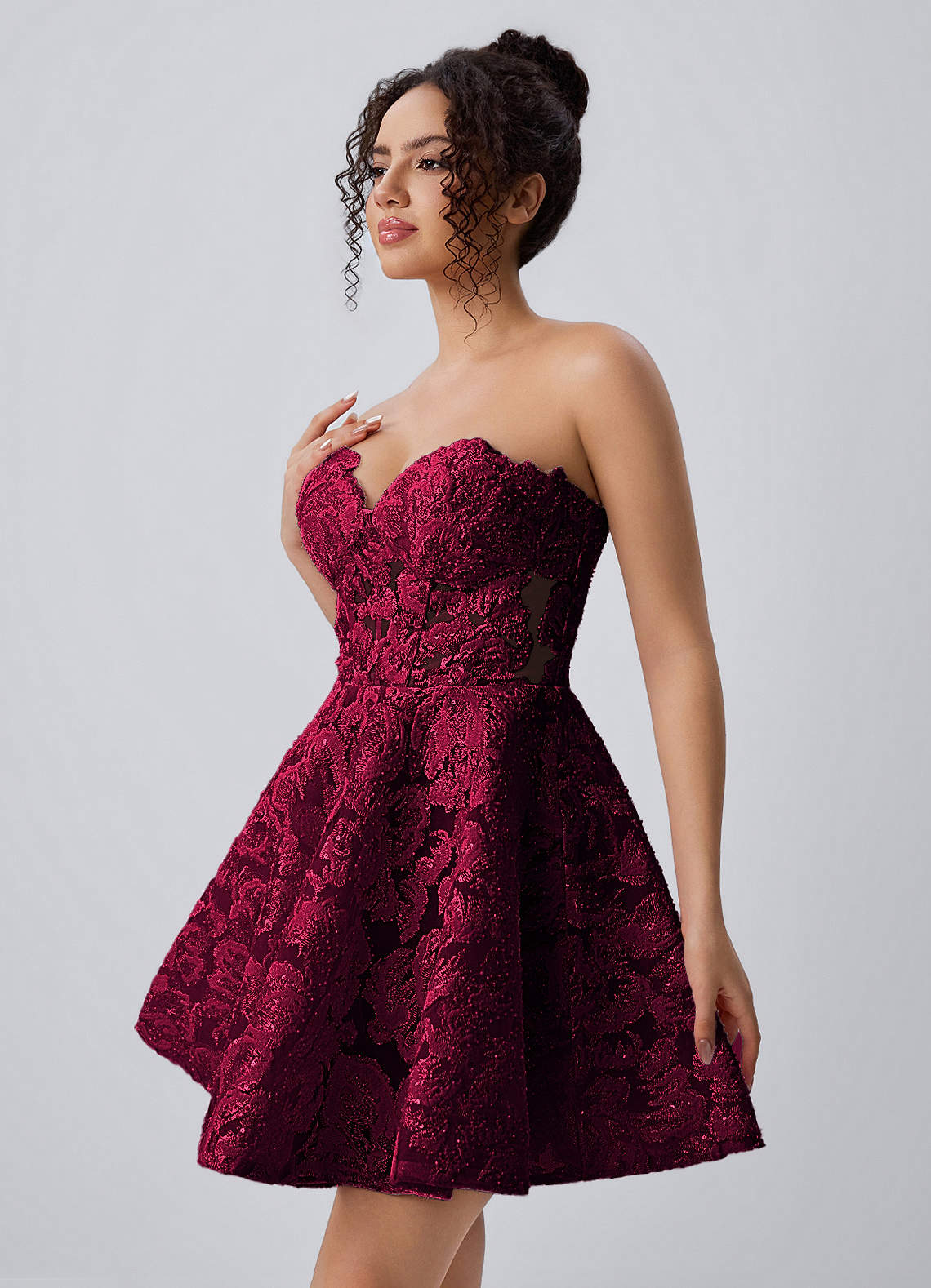 burgundy lace skater dress Mireille Strapless Floral Corset Mini The structured design creates