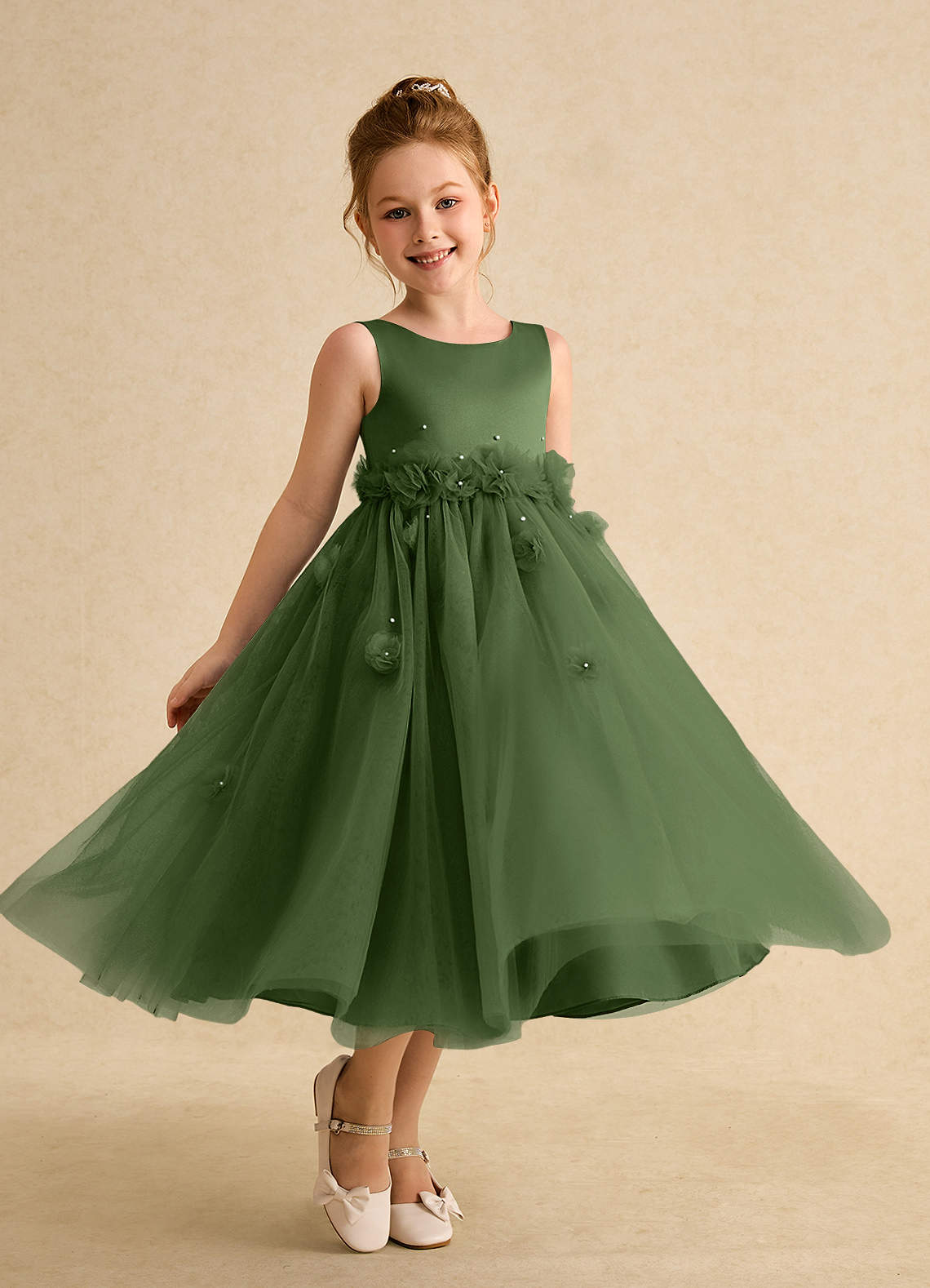 Azazie Lux Blumenmädchenkleider A-Linie Mit Perlen Tüll Kleid Olivgrün image1