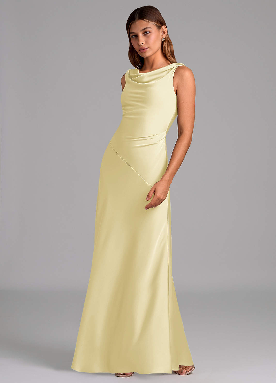 lemon satin bridesmaid dress Azazie A-Line Cowl Neck Floor-Length Stretch Satin Bridesmaid Dresses