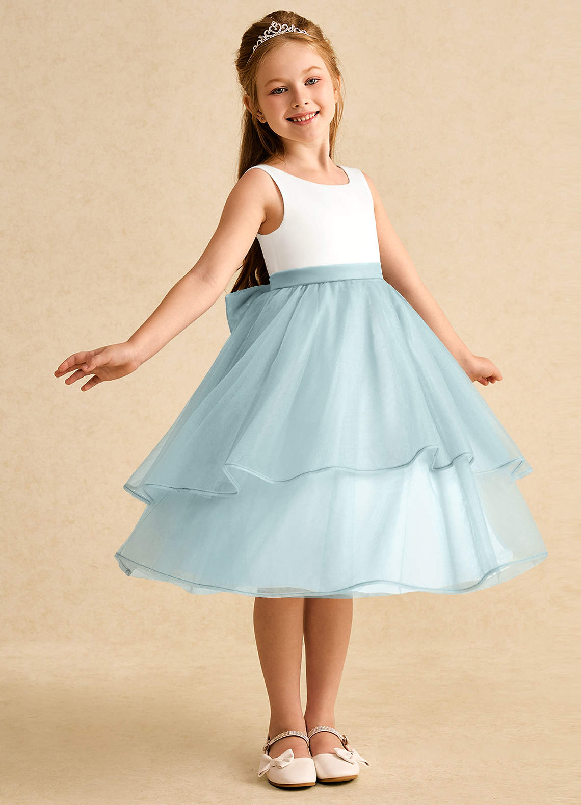 Azazie Rene Flower Girl Dresses Ivory Mist A-Line Bow Tulle Dress image1