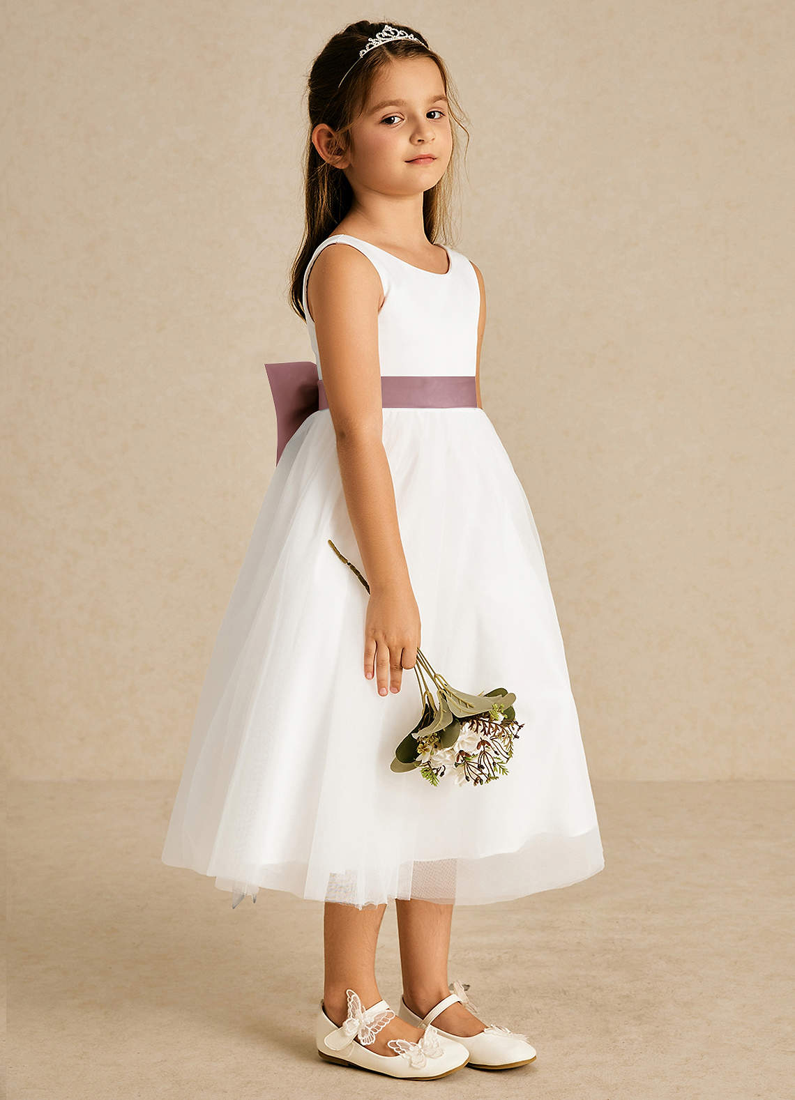 Azazie Kavi Flower Girl Dresses Ivory Dusty Rose A-Line Bow Matte Satin Dress image3