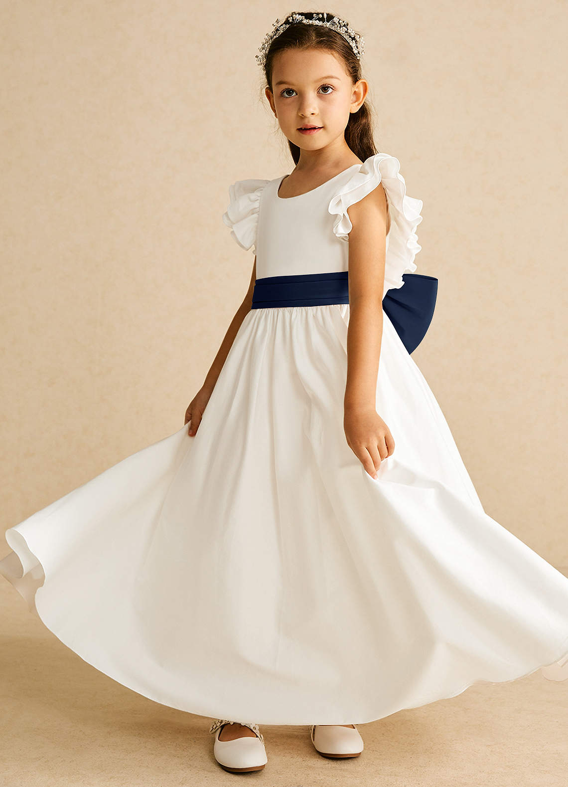 Azazie Aero Flower Girl Dresses Ivory Dark Navy A-Line Pleated Cotton Dress image1