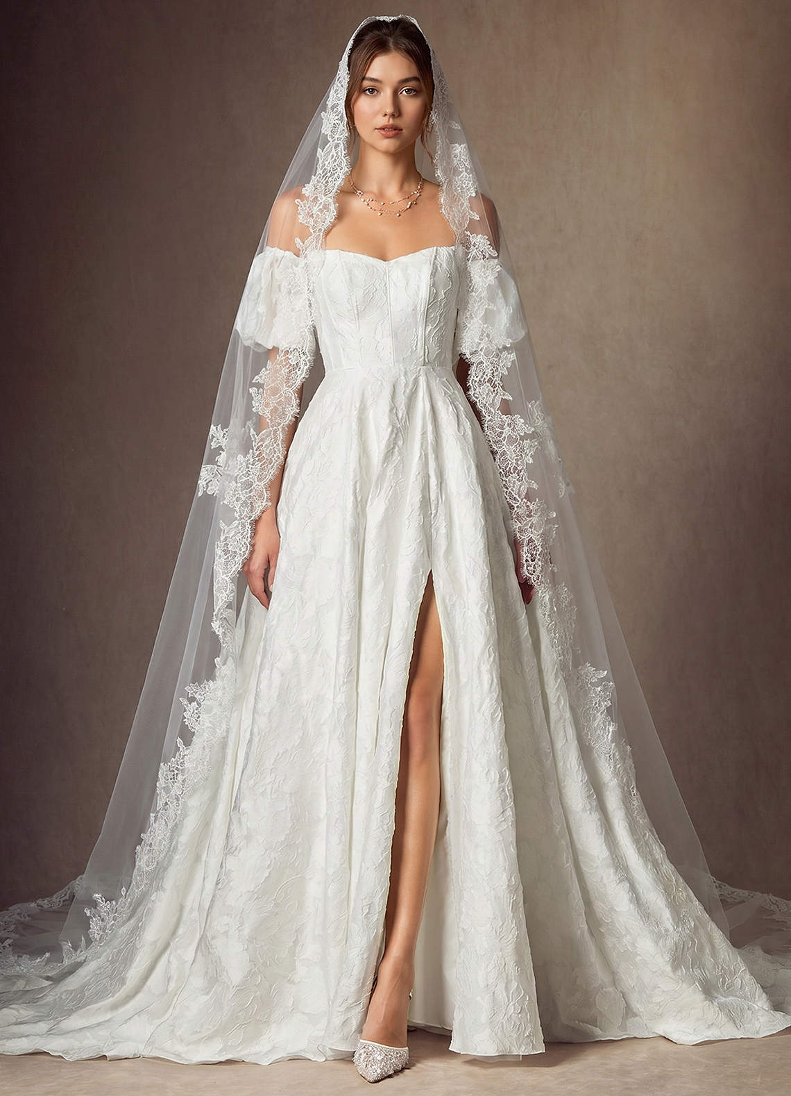front Scalloped Edge Cathedral Veil with Floral Embroidery