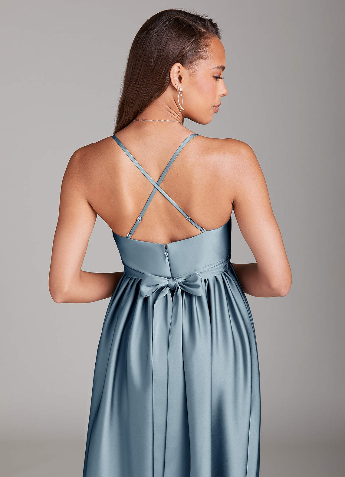 Azazie Llana At-home Try On Dresses A-Line Stretch Satin Floor-Length Dress with Pockets image3