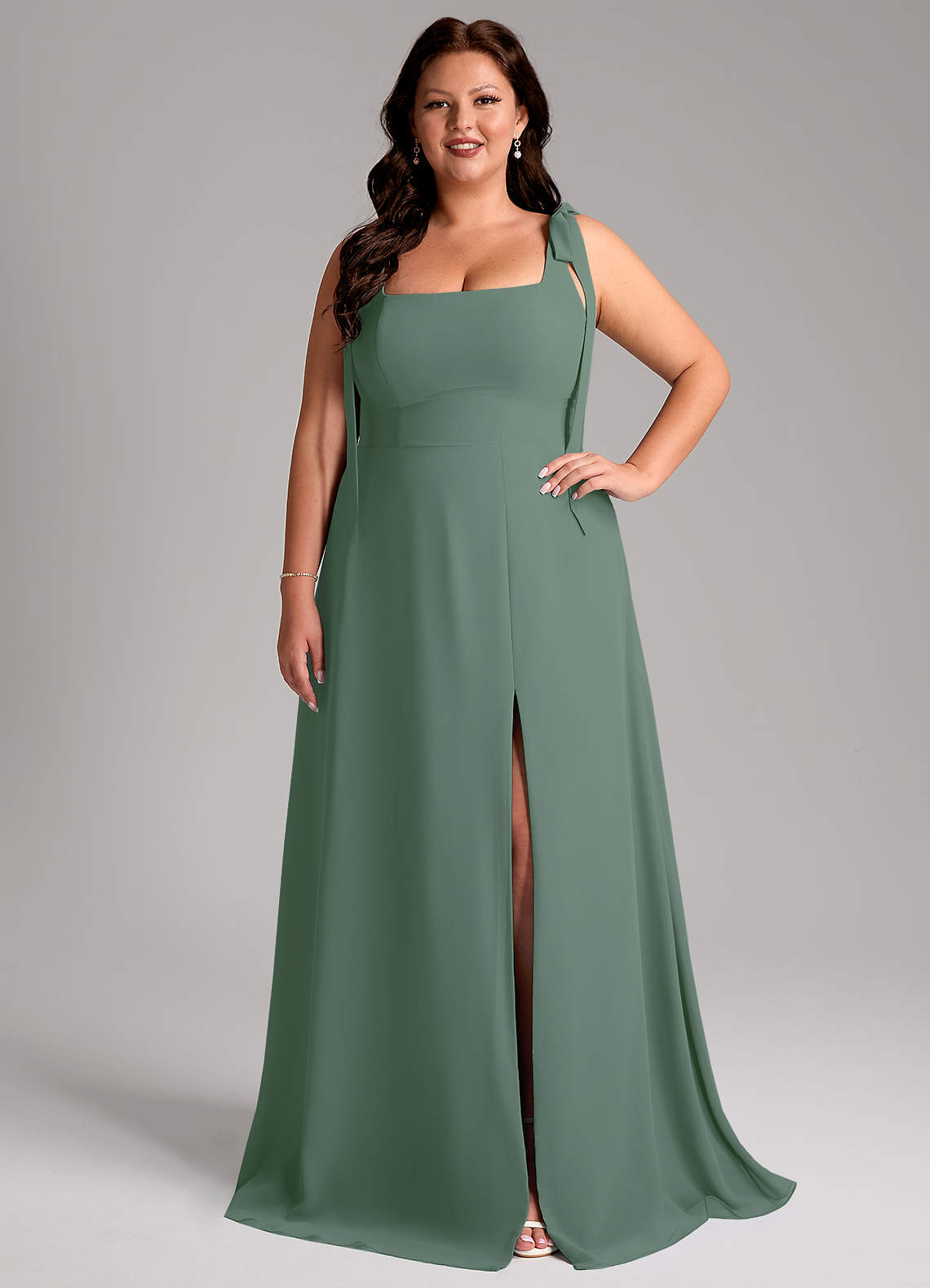 Azazie Debra Bridesmaid Dresses Eucalyptus A-Line with Pockets Chiffon Convertible Dress image7