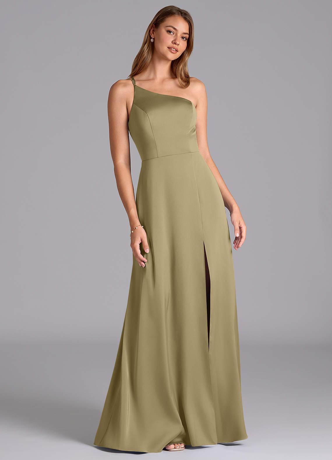Azazie Trina Bridesmaid Dresses Moss Green A-Line One Shoulder Stretch Satin Dress image1