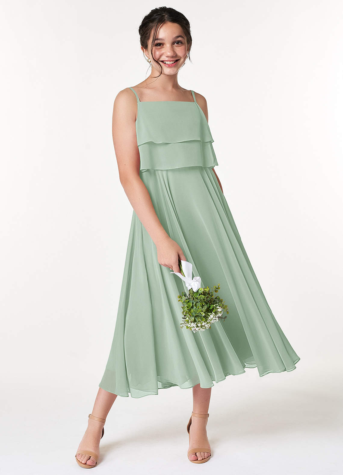Azazie Ensley Junior Abito A-Line in Chiffon Plissettato Agave image4