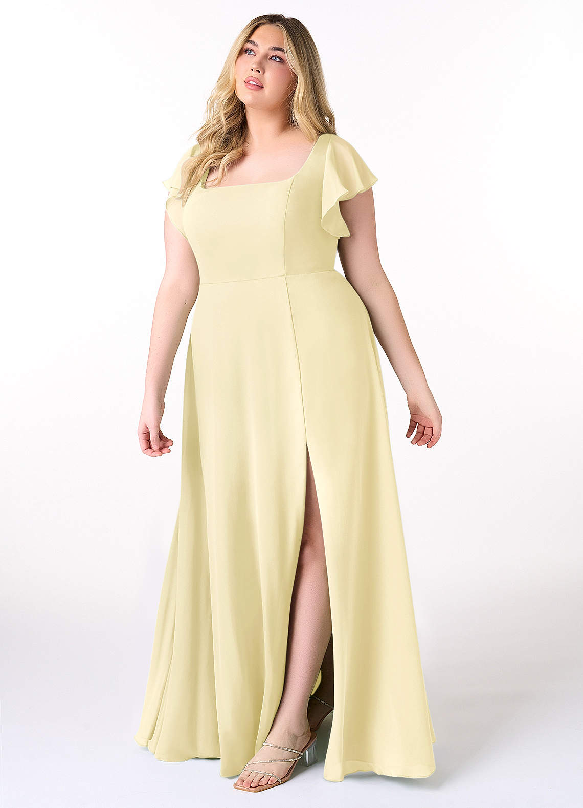 Azazie Bondi At-home Try On Dresses Dusty Blue A-Line Ruffled Chiffon Dress image8