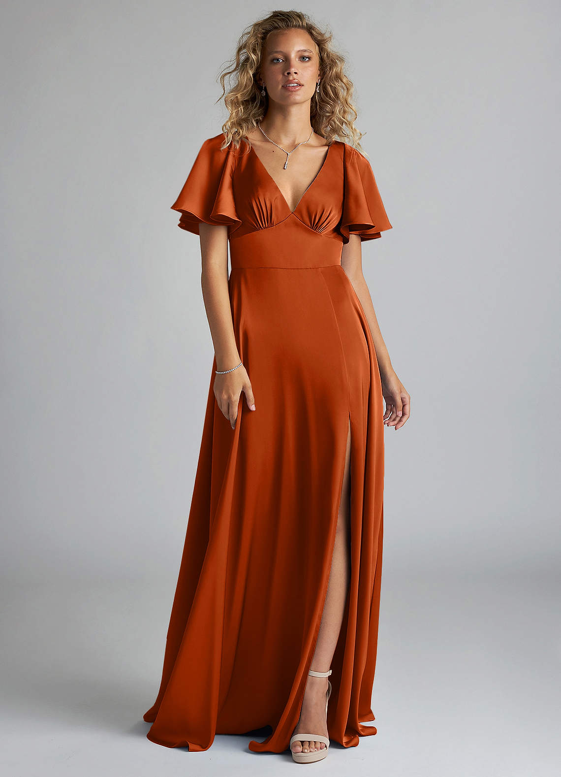 Azazie Kimber Bridesmaid Dresses Burnt Orange A-Line Ruched Stretch Satin Dress image2