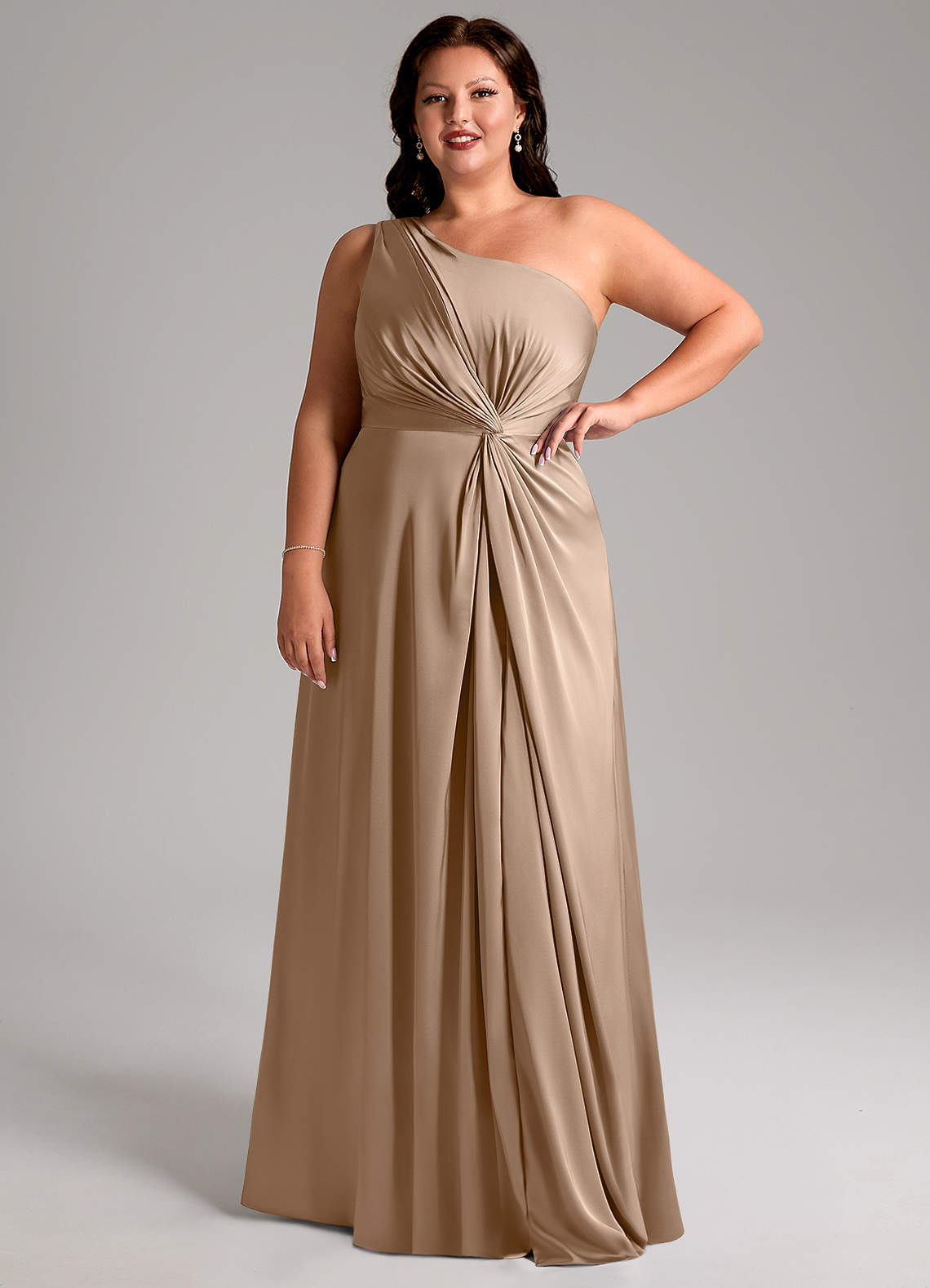 Azazie Brooke Vestidos de damas de honor Vestido de Gris Pardo de Satén Elástico de Corte en A con Hombro unilateral image12