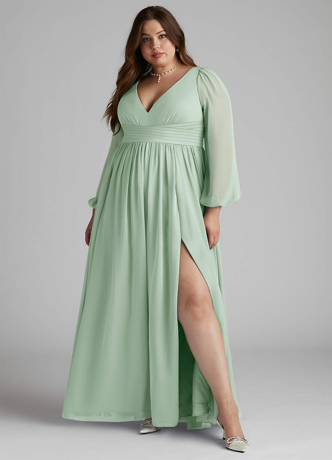 Azazie Norah Bridesmaid Dresses Agave A-Line V-Neck Long Sleeve Chiffon Dress image5