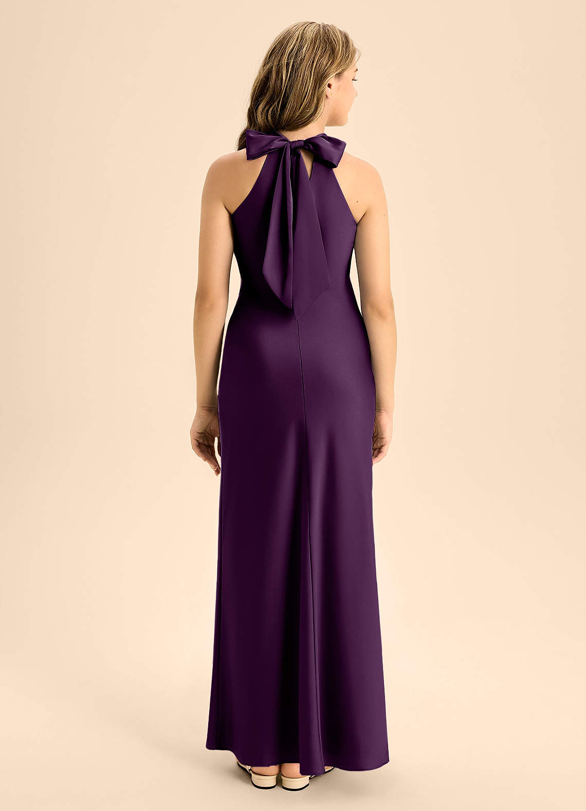 Azazie Doretta Junior Grape A-Line Pleated Stretch Satin Dress image1