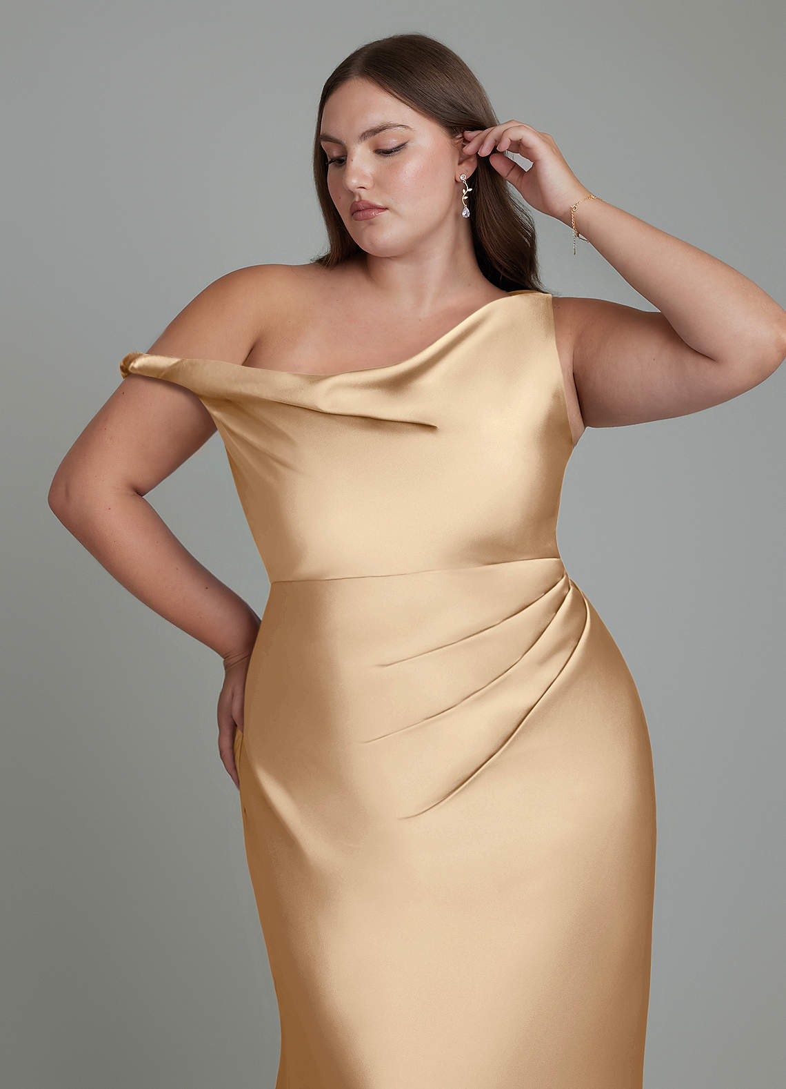 Azazie Emerson Bridesmaid Dresses Champagne Mermaid Off the Shoulder Stretch Satin Dress image11