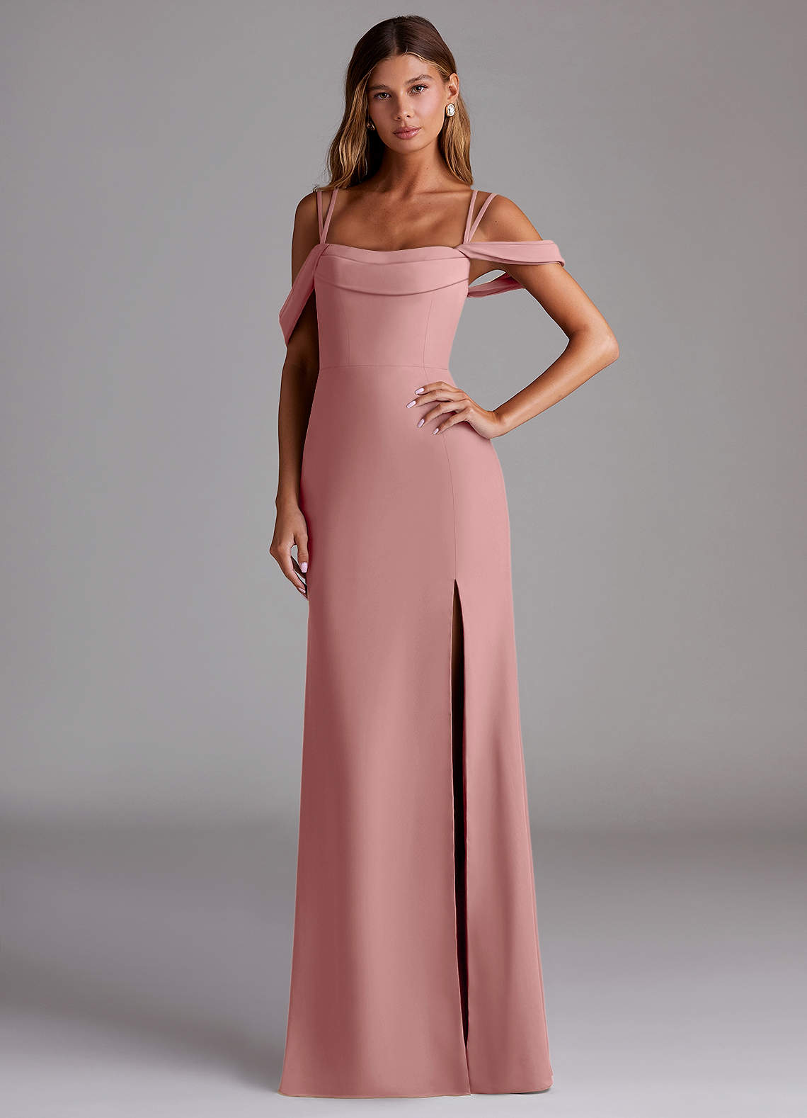 Azazie Callan Robes de demoiselle d'honneur Robe Sirène Convertible en Mousseline de soie Plissée Rose Poussiéreuse image1