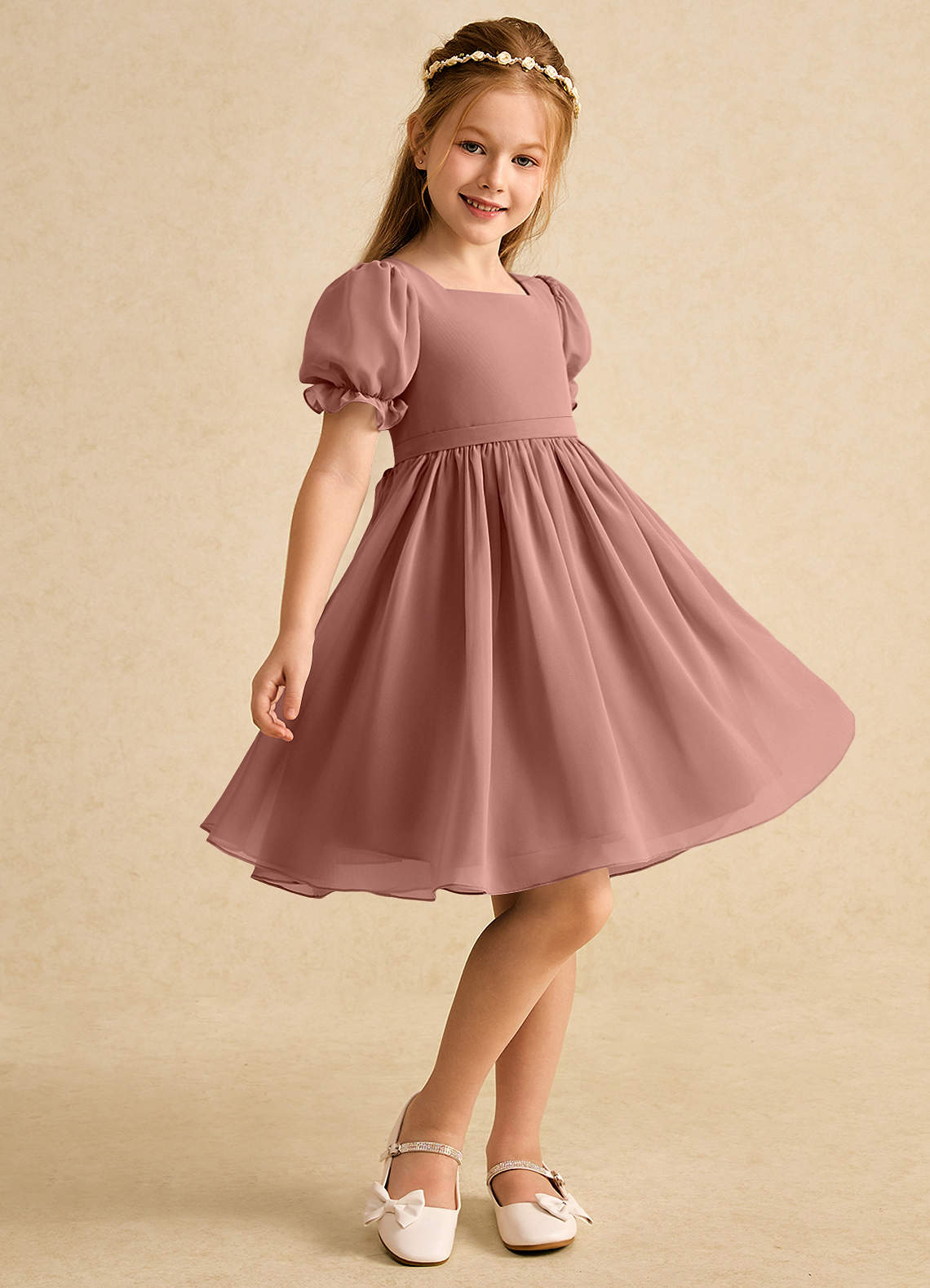 Azazie Jolie Robe Demoiselle D'honneur Fillette Robe Trapèze en Mousseline de soie avec manches Rose De Cèdre image1