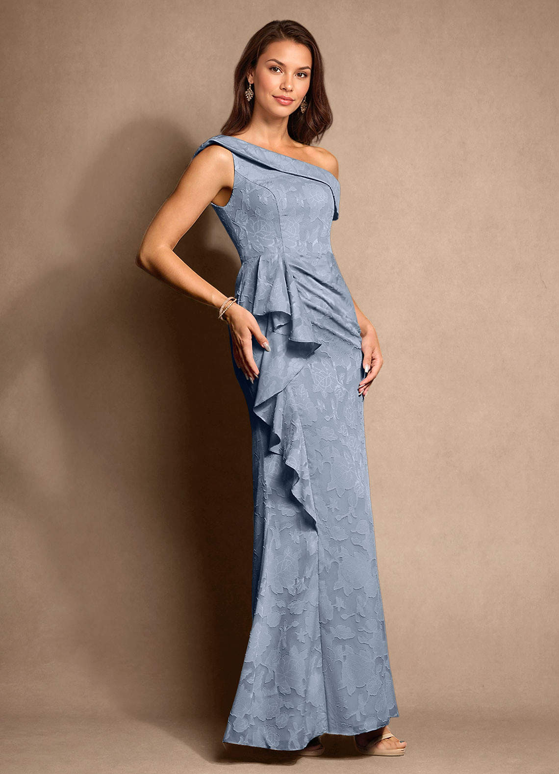 Azazie Hamptons Mother of the Bride Dresses Dusty Blue A-Line Pleated Floral Burnout Dress image3