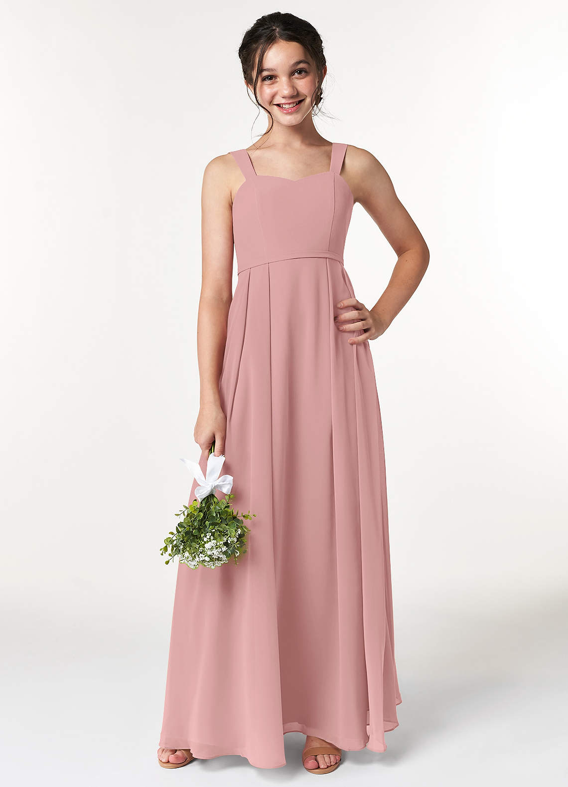 Azazie Simoan Junior Abito A-Line in Chiffon Scollo a Cuore Rosa Polverosa image1