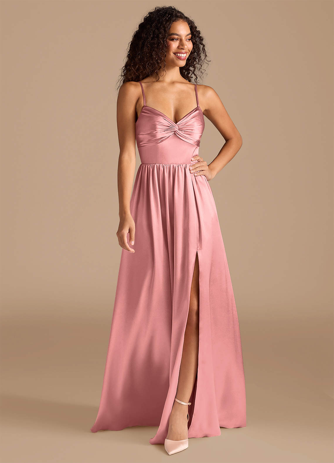 Azazie Zeya Bridesmaid Dresses Rosette A-Line Pleated Metallic Satin Dress image1
