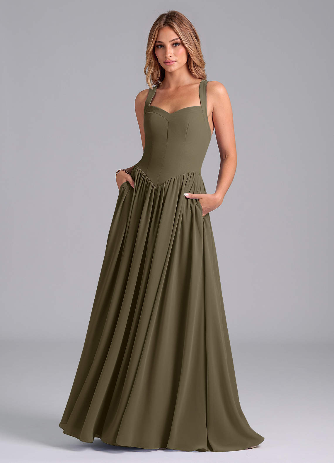 Azazie Francis Vestidos de damas de honor Vestido de Verde Sauce de Gasa de Corte en A con Corsé image1