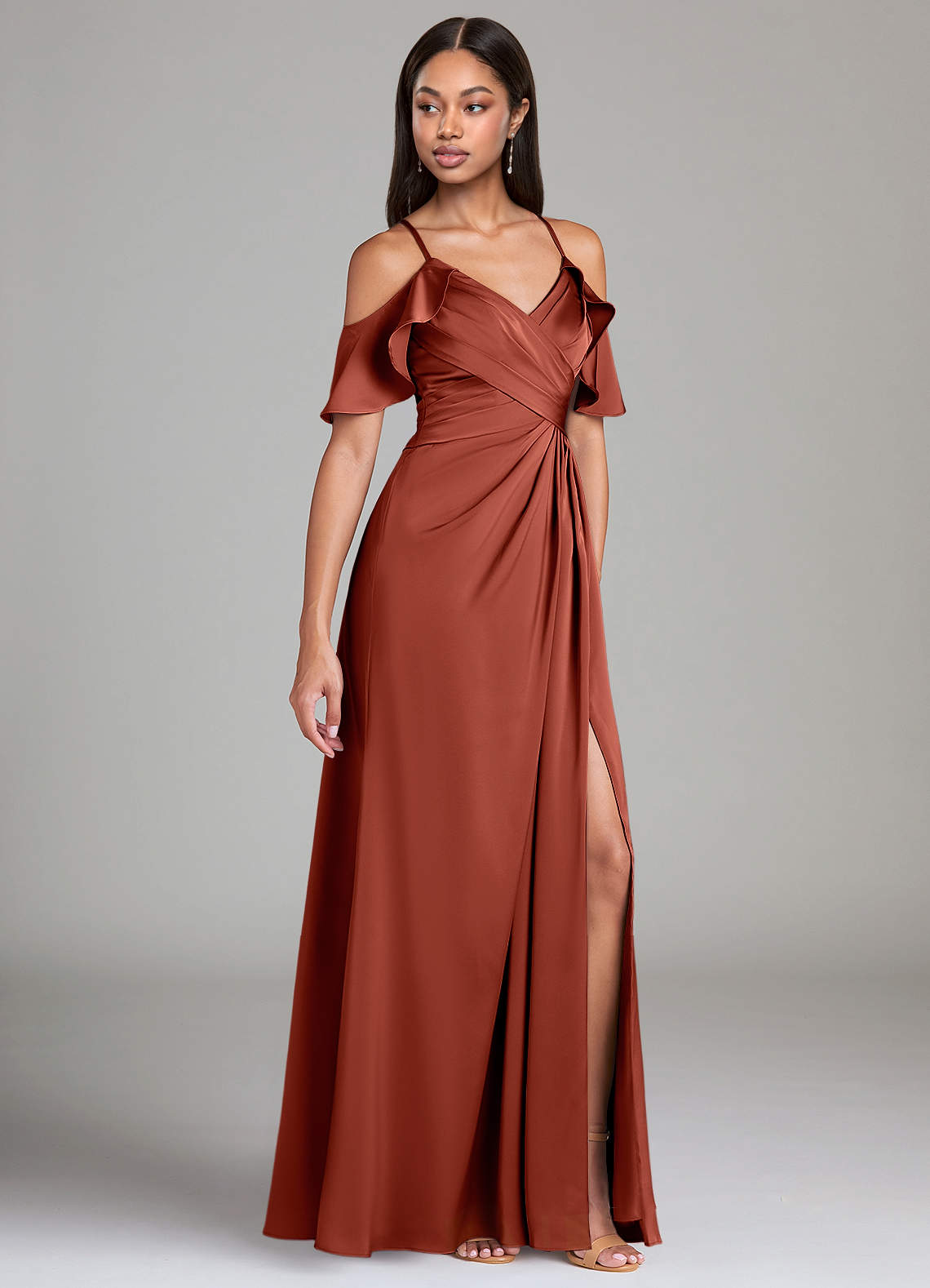 Azazie Dakota Brautjungfernkleider A-Linie Schulterfrei Stretch-Satin Kleid Terrakotta image1