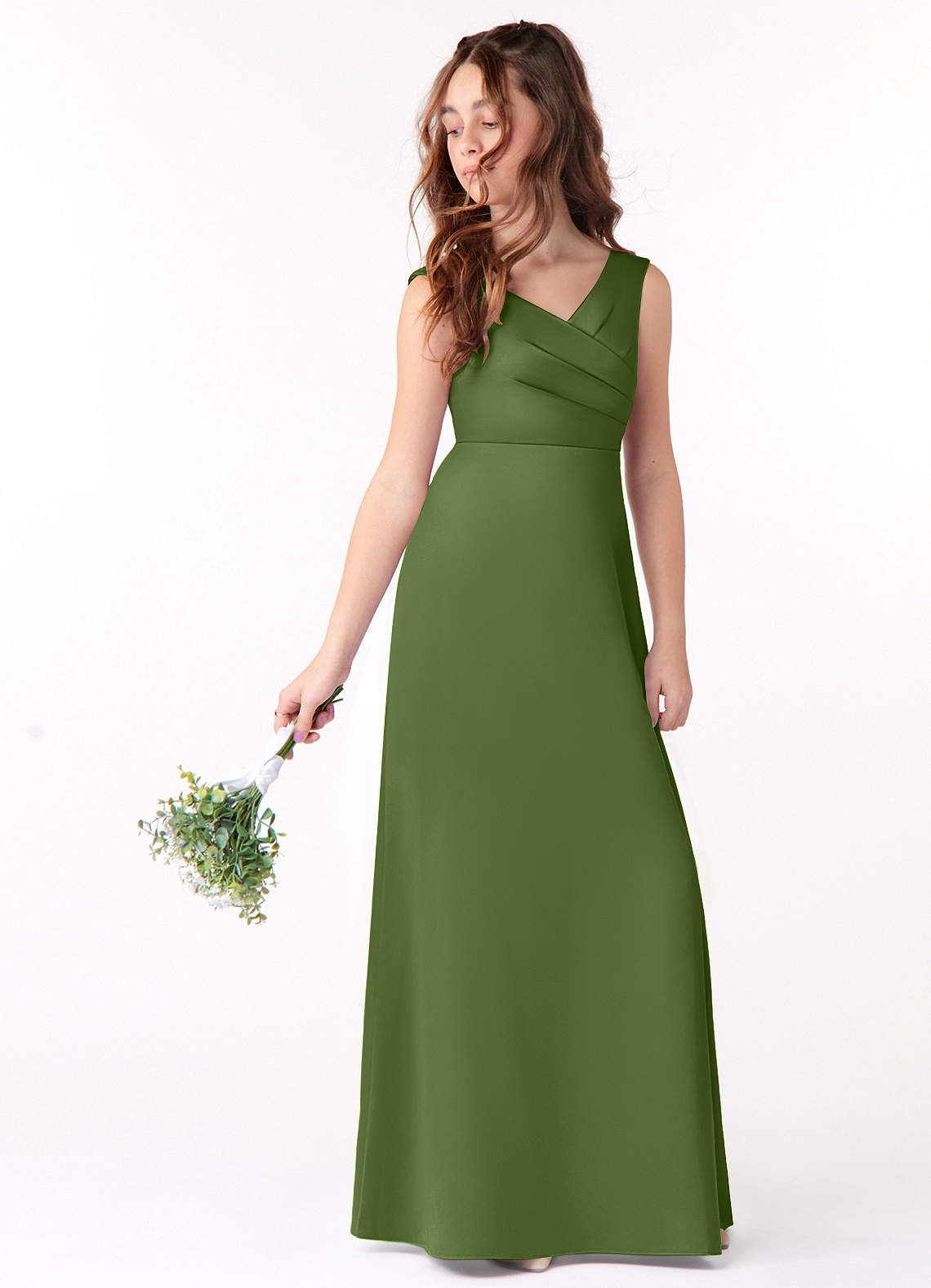 Azazie Sadia Junior Vestido Zimbro de Cetim elástico de Linha A com Plissado image1