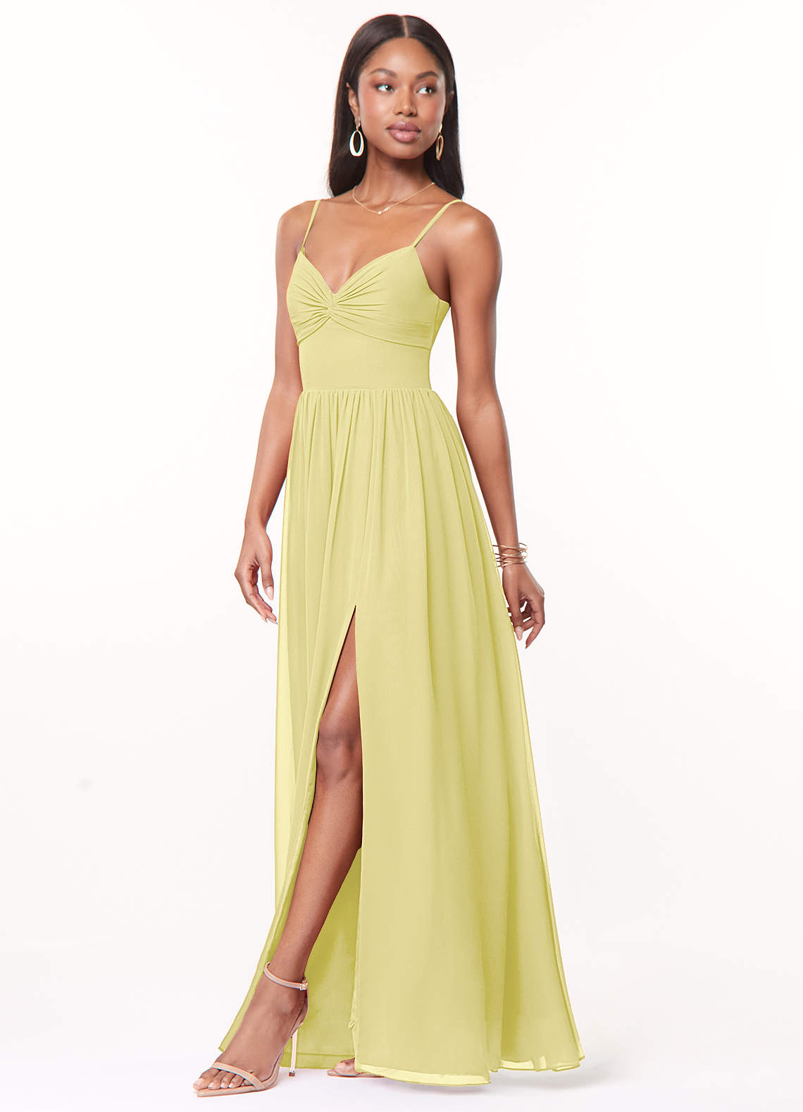 Azazie Zeya Bridesmaid Dresses Lemon Sorbet A-Line V-Neck Pleated Chiffon Dress image3