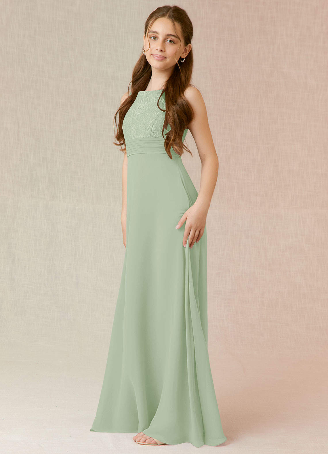 Azazie Snow Junior Abito A-Line in Chiffon Pizzo Verde Salvia image2