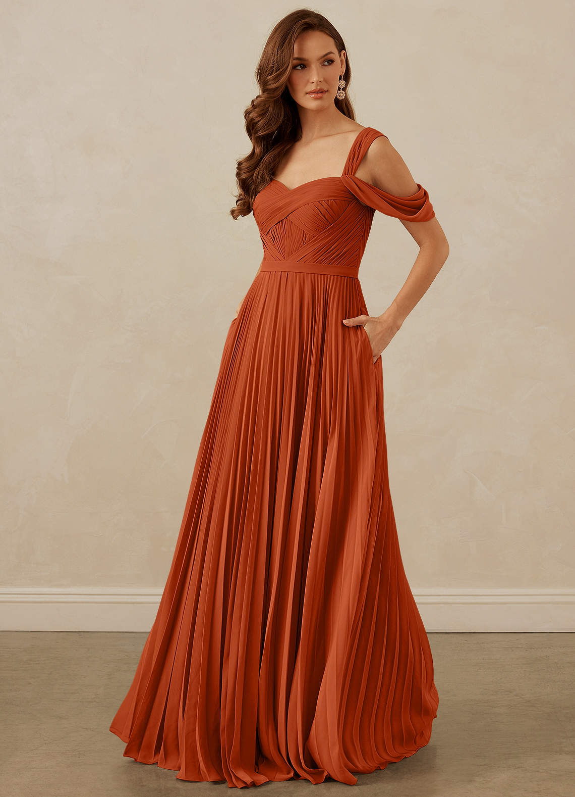 Christian Siriano Bridal for Azazie 1013 Bridesmaid Dresses Burnt Orange A-Line Off the Shoulder Chiffon Dress image1