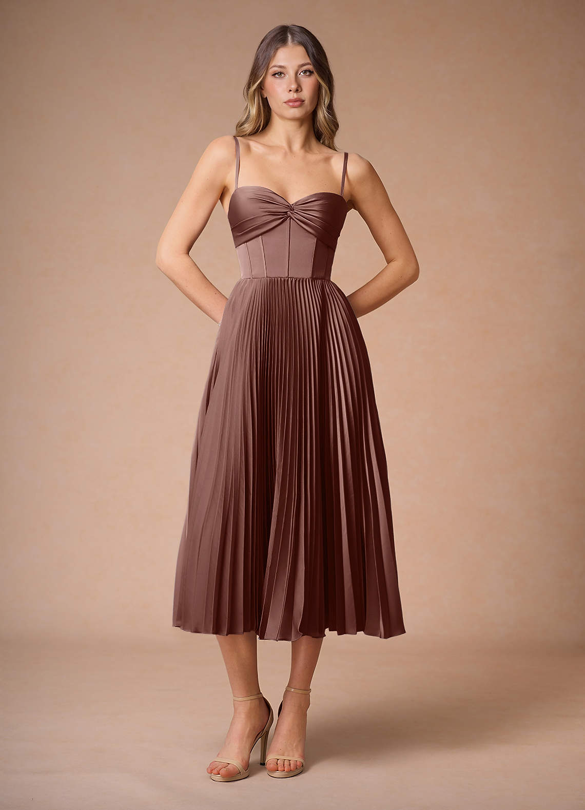 Léna Mocha Coco Pleated Midi Dress | Azazie