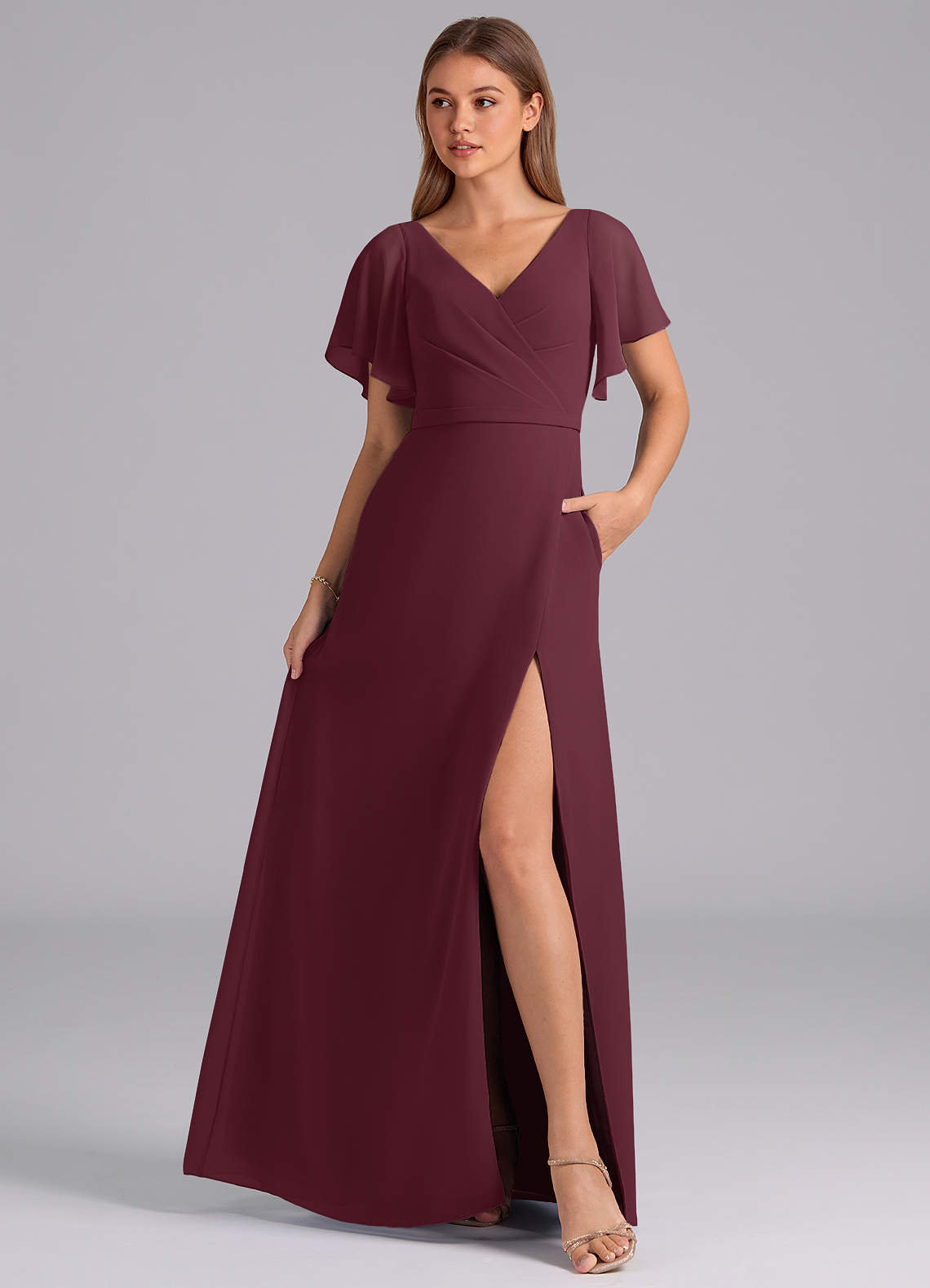 Azazie Ambrosia At-home Try On Dresses Cabernet A-Line Pleated Chiffon Dress image2