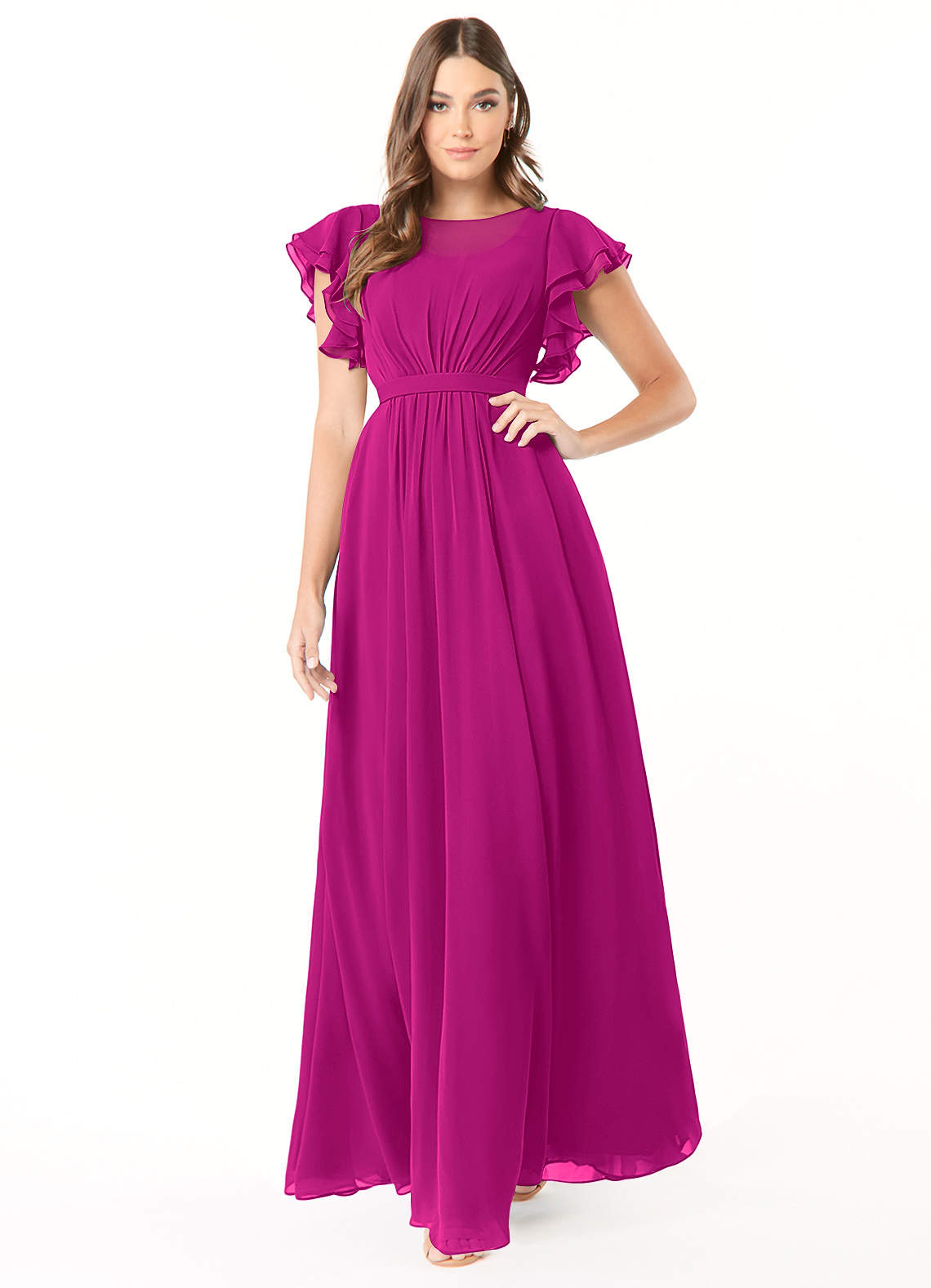 Azazie Daphne Bescheidene Brautjungfernkleider A-Linie Gekräuselt Chiffon Bodenlänge Kleider image1