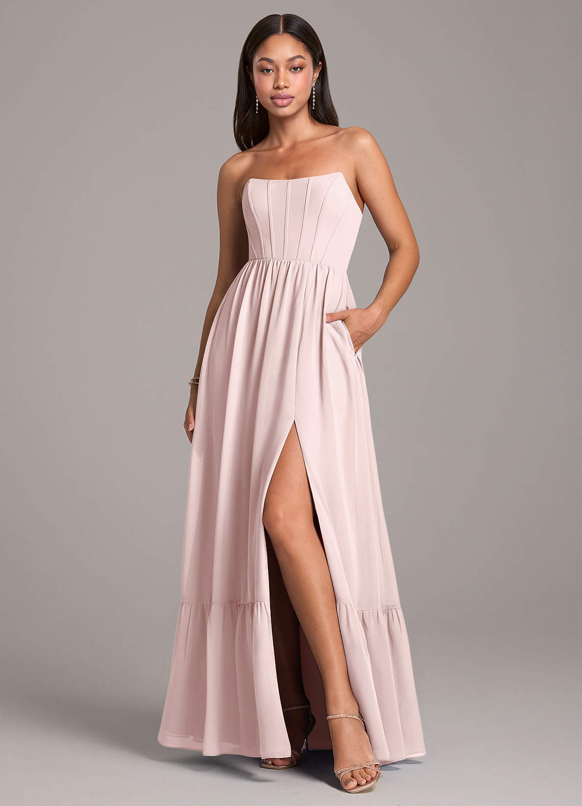 Azazie Kailee Bridesmaid Dresses Blushing Pink A-Line with Pockets Chiffon Dress image1
