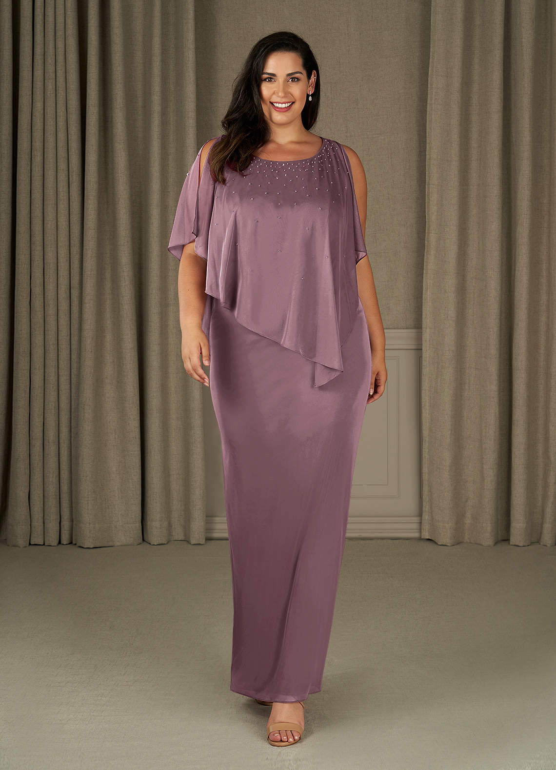 Azazie Aspyn Final Sale Dusty Rose Sheath Beaded Mesh Dress image1
