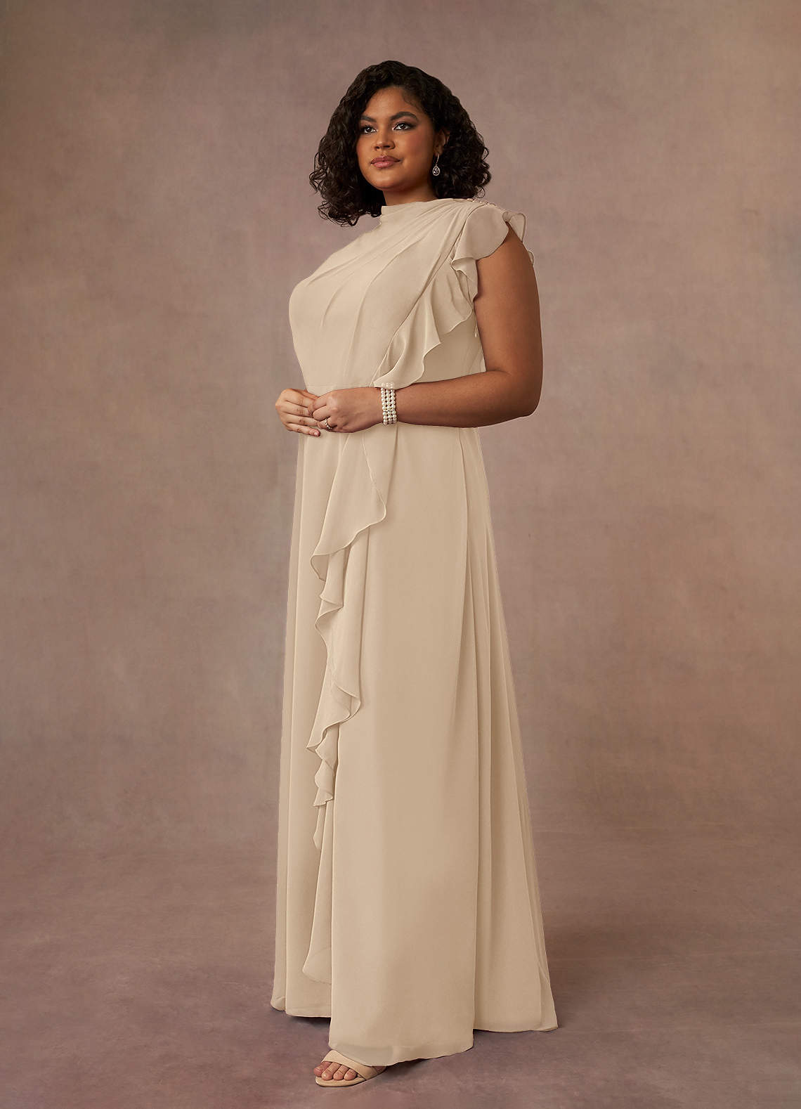 Azazie Narine Mother of the Bride Dresses Champagne A-Line High Neckline Pleated Chiffon Dress image13