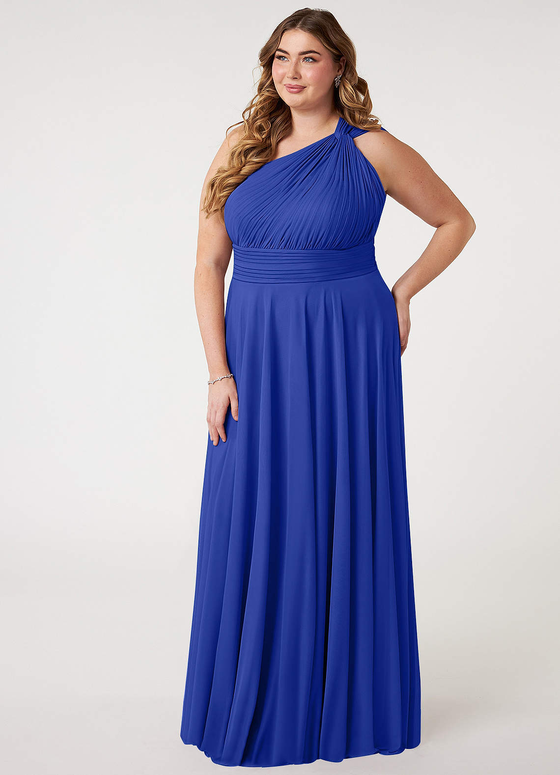 Azazie Charlize Vestidos de damas de honor Vestido de Azul Real de Malla de Corte en A con Hombro unilateral image7