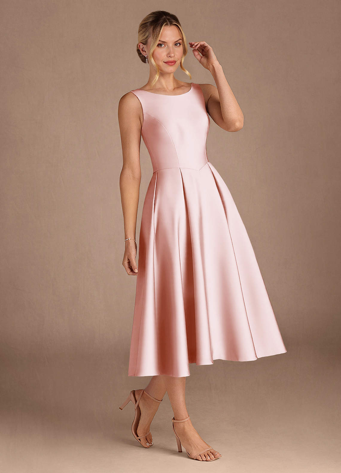 Azazie Fulton Mother of the Bride Dresses Blushing Pink A-Line Pleated Stretch Satin Dress image1