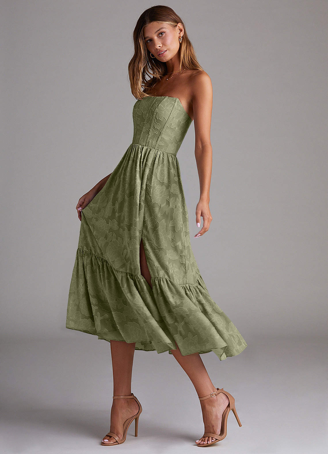 Azazie Delphina Bridesmaid Dresses Pistachio A-Line Strapless Floral Burnout Convertible Dress image4