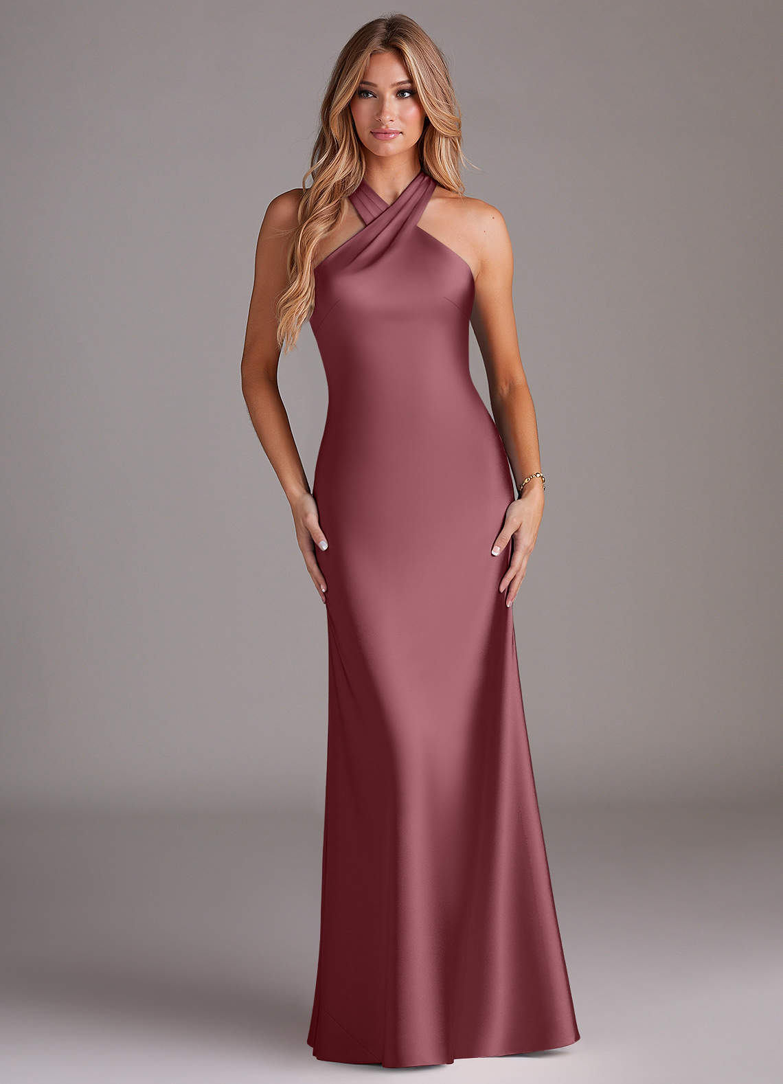 Azazie Doretta Bridesmaid Dresses Desert Rose Mermaid Pleated Stretch Satin Dress image1