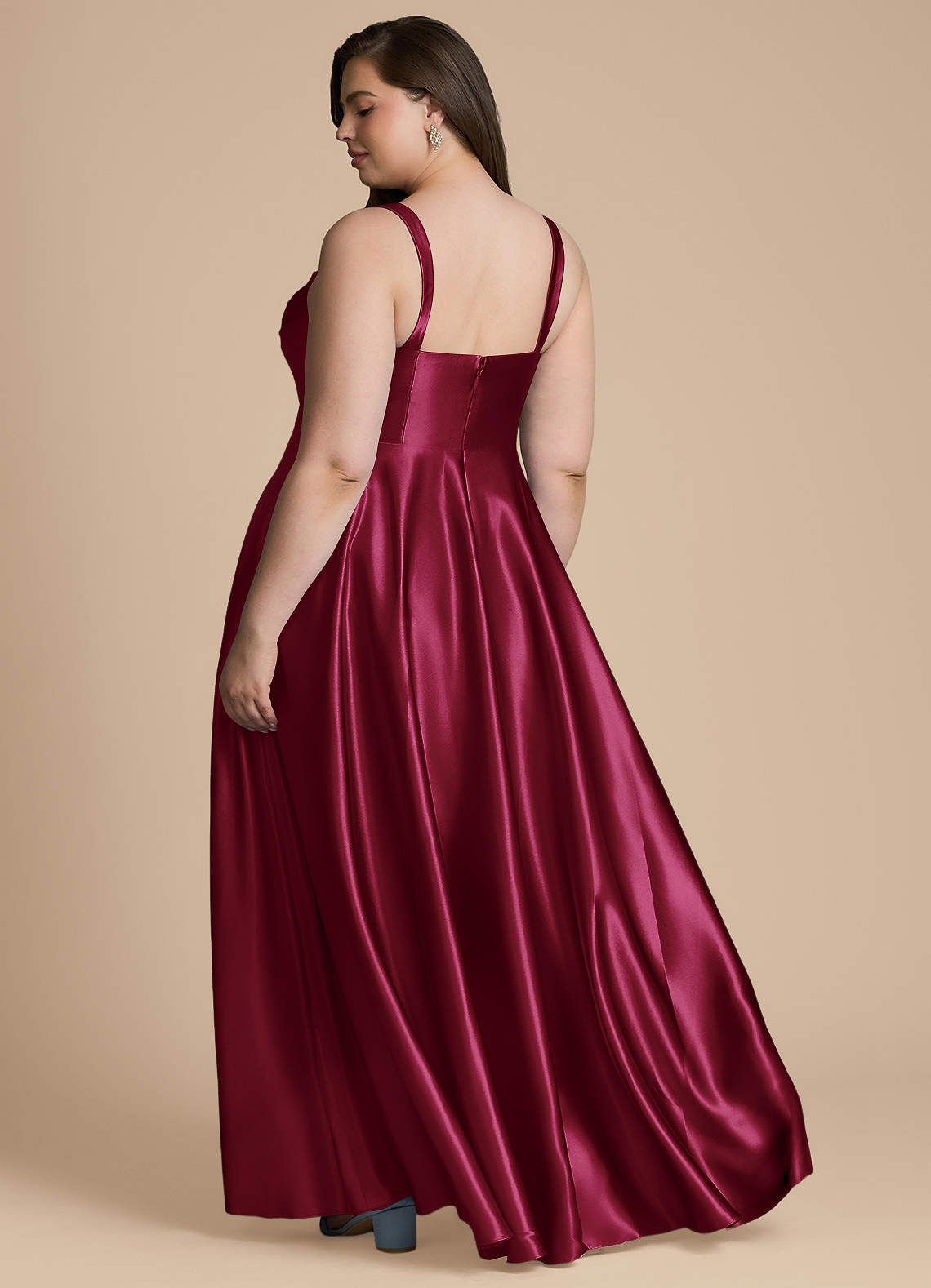 Azazie Shaude At-home Try On Dresses Burgundy A-Line Pleated Metallic Satin Dress image8