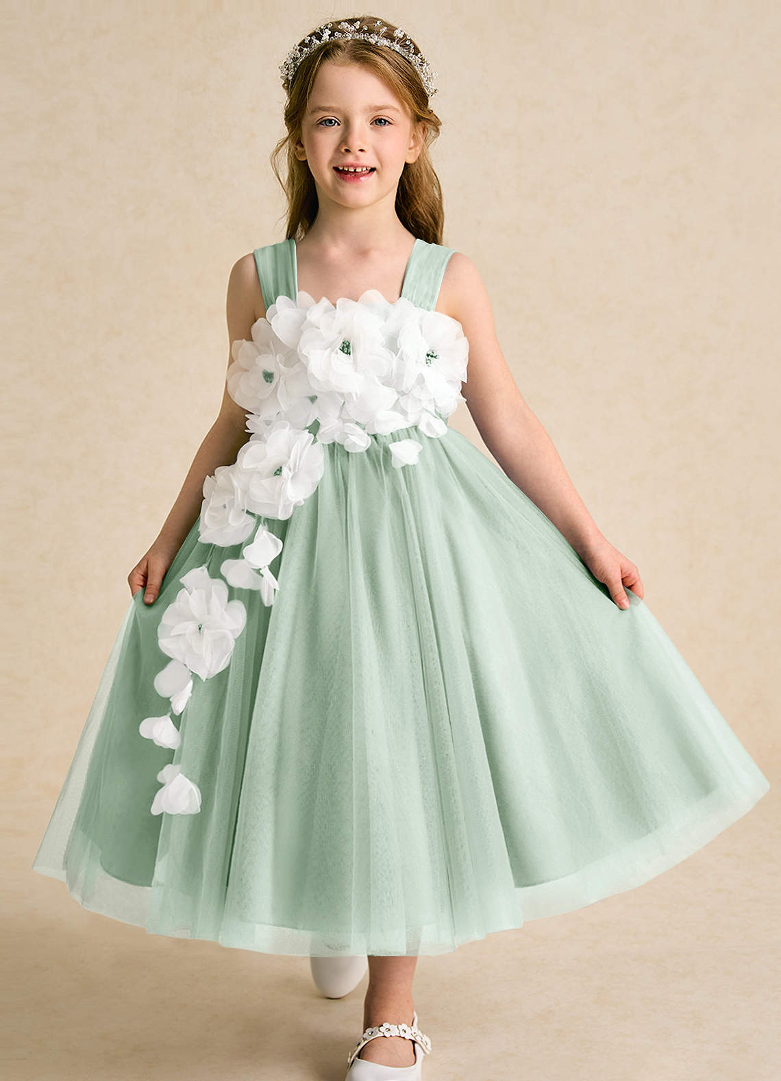 Azazie Dovey Flower Girl Dresses Agave Ball-Gown Bow Tulle Dress image1