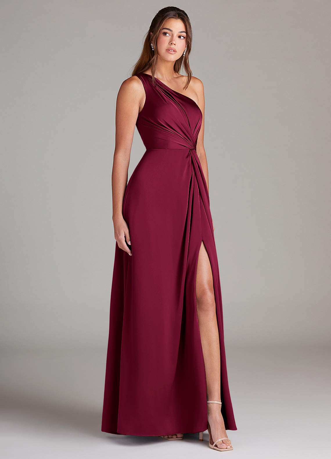 Azazie Brooke Bridesmaid Dresses Burgundy A-Line One Shoulder Stretch Satin Dress image4